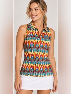 Tzu Tzu Women’s M Sleeveless Golf Polo Multicolor Abstract Print 1/4 Zip